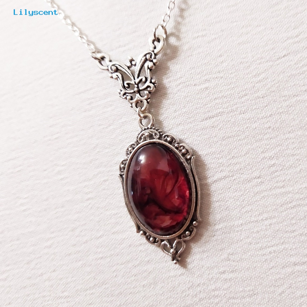 [LS] Liontin Kalung Elegan Oval Desain Vintage Indah Merah Kuarsa Pesona Kalung Kupu-Kupu Kalung Pakaian Sehari-Hari