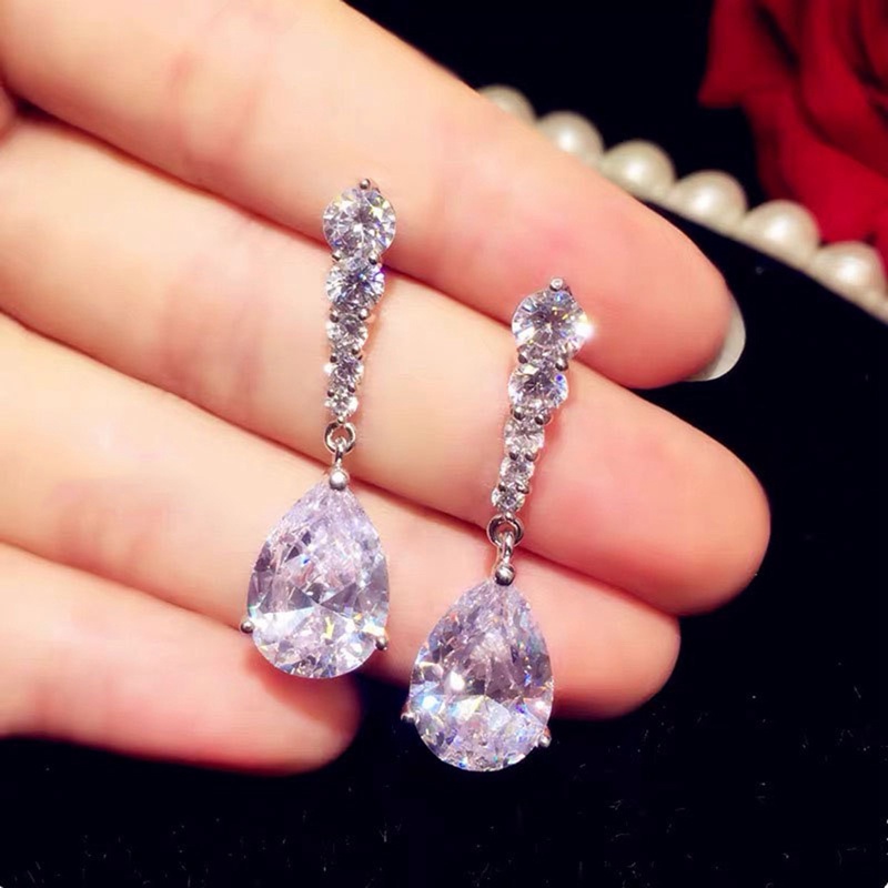 1pasang925 Sterling Silver Teardrop Berlian Menjuntai Anting Untuk Wanita Pengantin Pertunangan Pernikahan Bridal Earring Jewelry