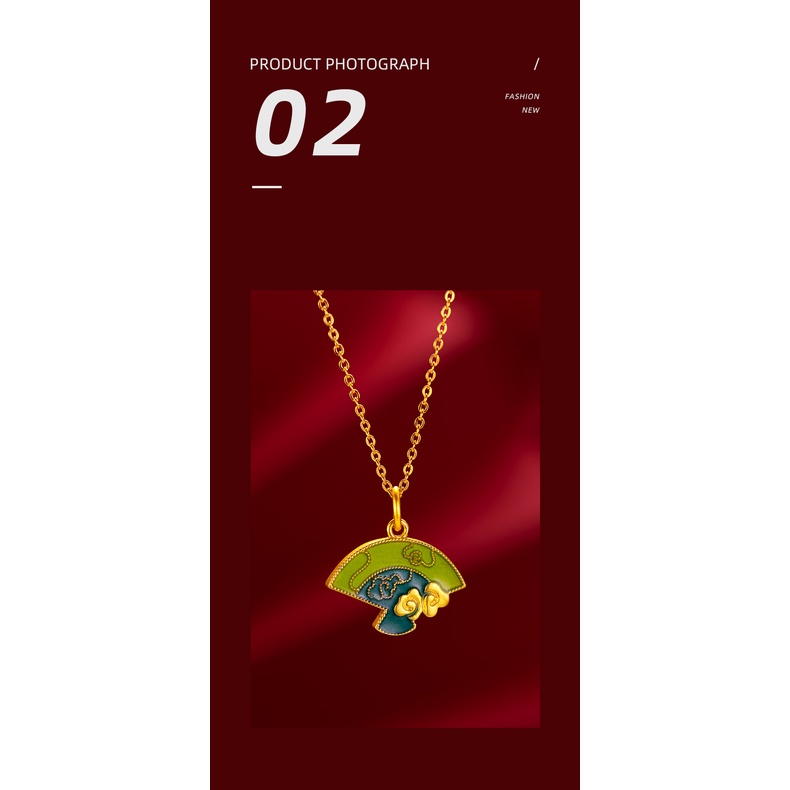 Goldkingdom Fashion Perhiasan 24 K Bangkok Aksesoris Ready Stock Gaya Kuno Membakar Biru Kipas Lipat Liontin Perempuan Lukisan Minyak Kipas Kecil Kalung Liontin