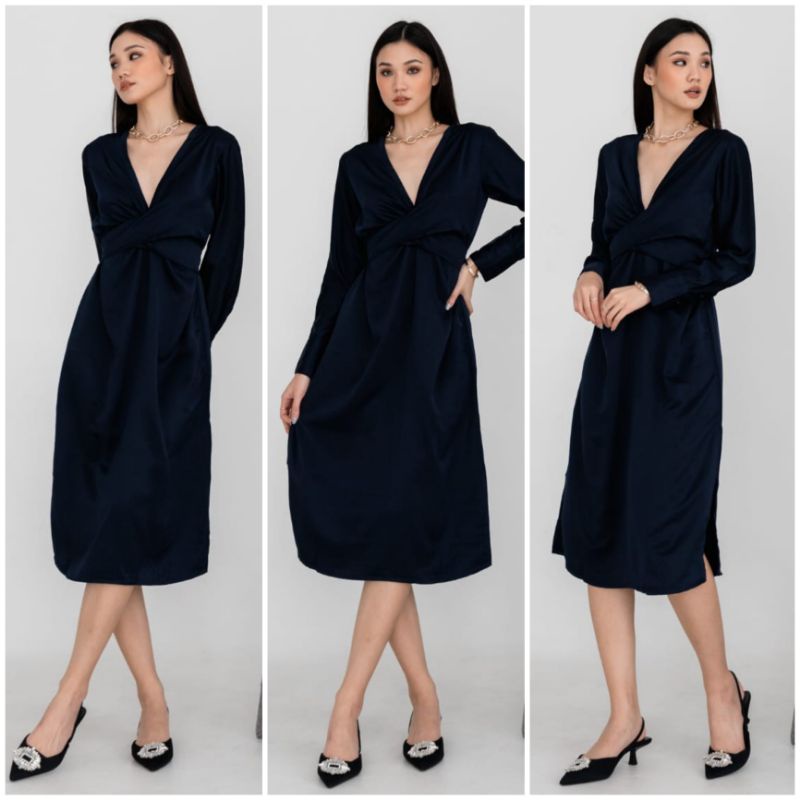 ⚡️CLEARANCE SALE ♡ PREMIUM ♡ REAL PIC ! SYELLAR TUNIK V-NECK MULTIWAYS OBI TIED LONG SLEEVE SLIT MIDI DRESS