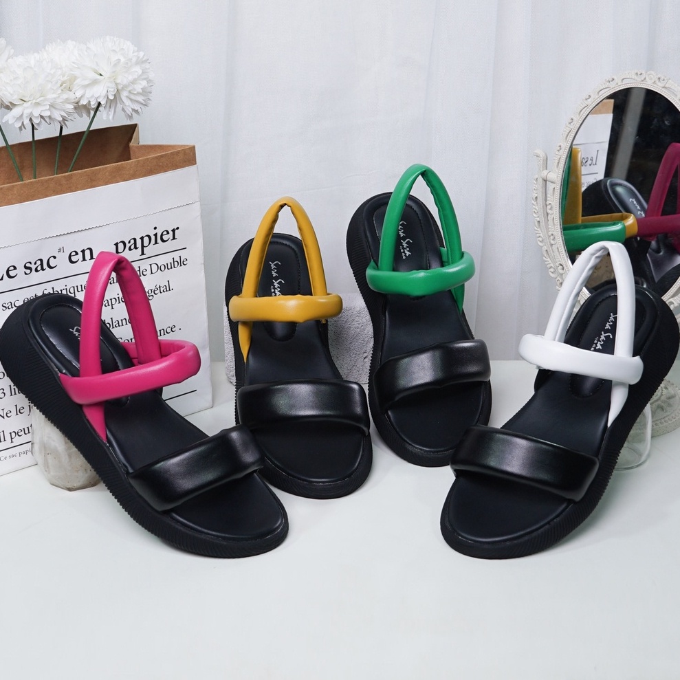 SARASARA YUK - LARA Sepatu Sandal Wanita Wedges Tinggi 4cm Model Tali Strap belakang Hak 4 cm Spatu Sendal Gunung Cewek  Size 36 37 38 39 40 Sara sara Warna Black Mustard Hitam Kuning Cewe Kekinian Premium Terbaru Shoes Ori Original Mall Official Store