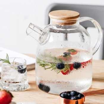 Tea Pot Unik Teko Pitcher Kaca Teh Kopi Tahan Panas Tutup Kayu Estetik 003