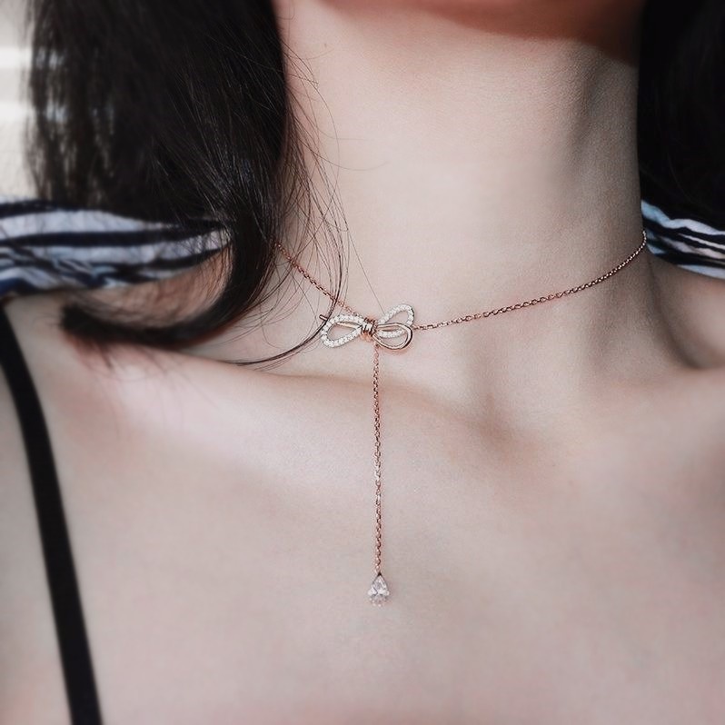 Kalung Model Rumbai Bahan 925 Sterling Silver | Kalung Rantai Dengan Liontin Pita Untuk Wanita | Aksesoris Emas 18k Untuk Wanita