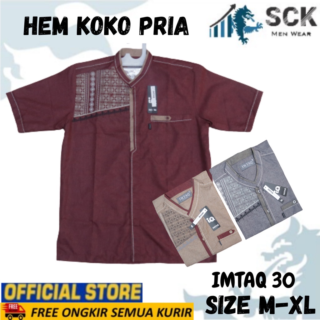 Hem Koko Pria IMTAQ 30 BARU / Kemeja Lengan Pendek Motif Bordir Katun Warna / Pakaian Muslim Cowok - sckmenwear GROSIR