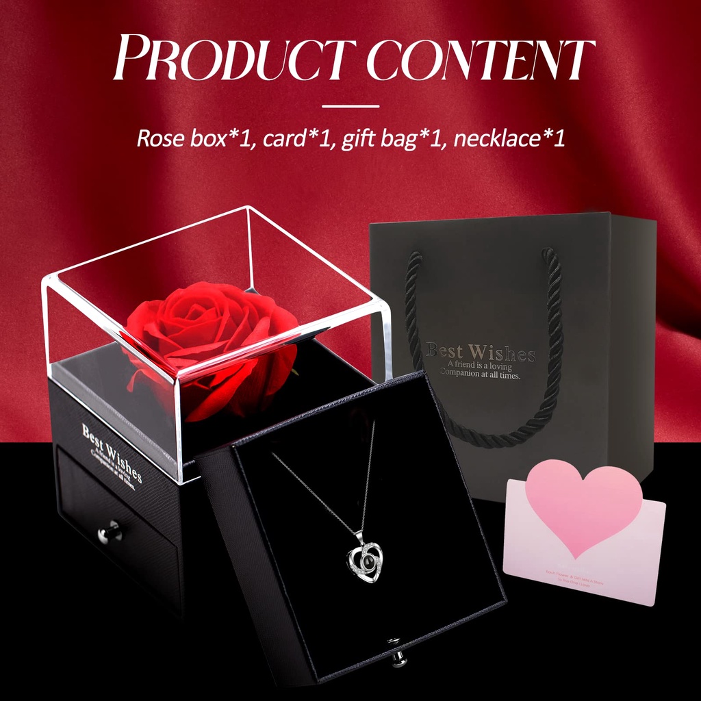 【hadiah terbaik】Diawetkan Mawar Preserved Red Real Rose dengan Kalung I Love You 925 Sterling Silver Kalung dalam 100 Bahasa kalung proyeksi Hadiah Paket Hadiah Set