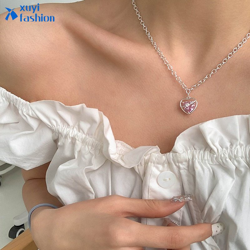 Pink Zirkon Hati Kalung Anting Gelang Untuk Wanita Perak Rantai Choker Bangles Aksesoris Fashion Perhiasan