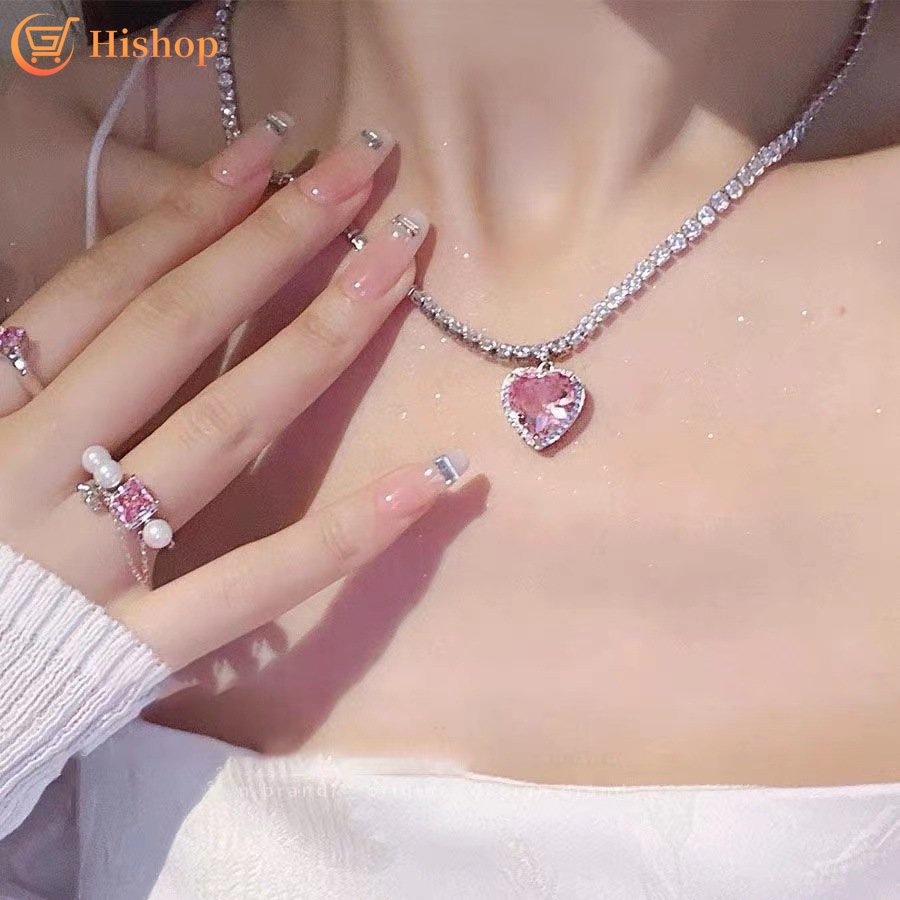 Shiny Pink Zircon Heart Pendant Necklace Choker for Women Silver Chain Jewelry Fashion Accessories