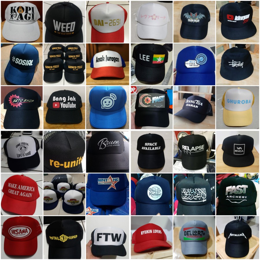 Topi Custom Trucker Jaring Nama Tulisan Gambar Logo Sablon Satuan Design Custom