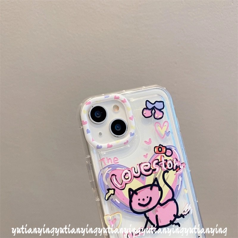 IPHONE Ins Lucu Kartun Graffiti Cinta Hati Kucing Case Kompatibel Untuk Iphone11 7 8 Plus XR 14 13 12 Pro MAX X XS MAX 6 6S Plus Airbag Shockproof Lembut Silicon TPU Penutup Belakang