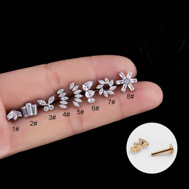 1biji G23 Titanium Gigi Dalam Bibir Kuku F136 Titanium Bertatahkan Zirkon Fashion Mahkota Kupu-Kupu Karangan Bunga Tulang Rawan Helix Piercing