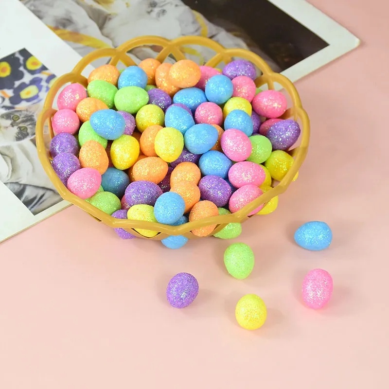 80pcs/set Telur Paskah Mini Artificial Warna-Warni/Telur Burung Busa Glitter/Perlengkapan Dekorasi Pesta Rumah Happy Easter