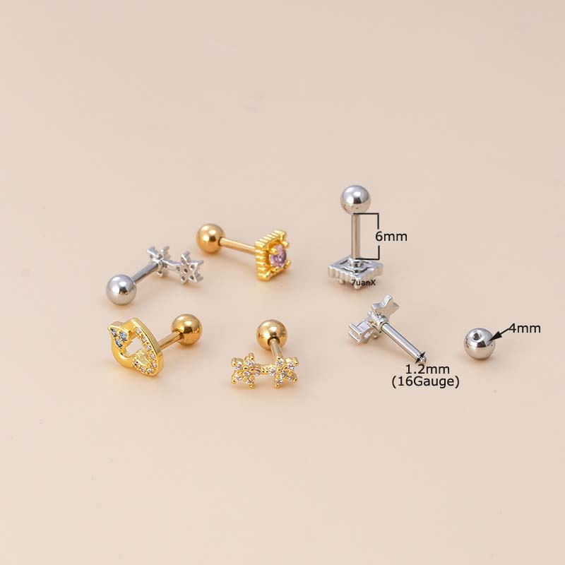 1biji Jantung Bunga tragus Tulang Rawan Anting stud helix pinna Tindik Lobek 16Gauge Berlapis Emas Perak