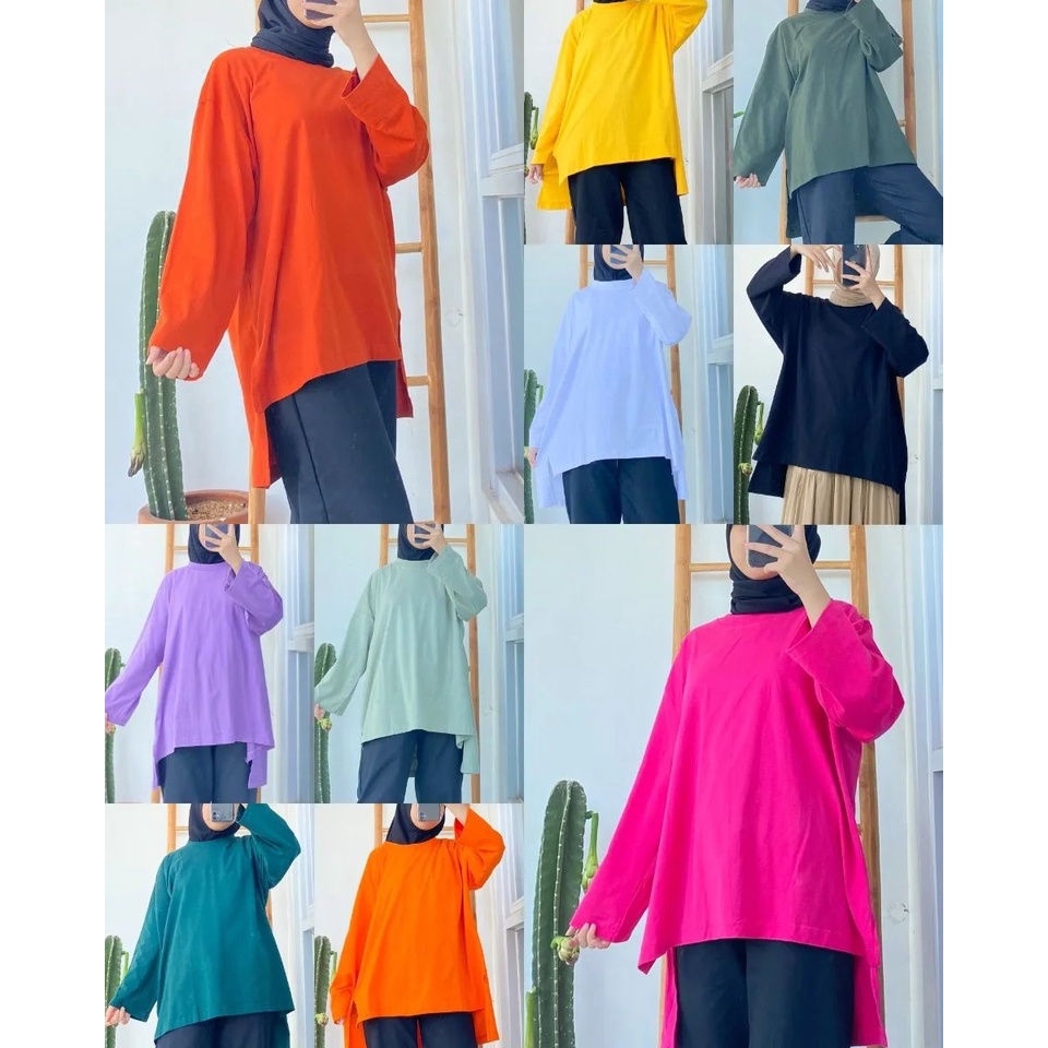 Kaos Polos Lengan Panjang Basic Blouse Bahan Kaos Katun Combed Size S - XXL Baju Atasan Wanita Terbaru 2023 Kekinian Viral Kaos Oversize Wanita Blouse Wanita Jumbo Warna Black , Navy , Tosca