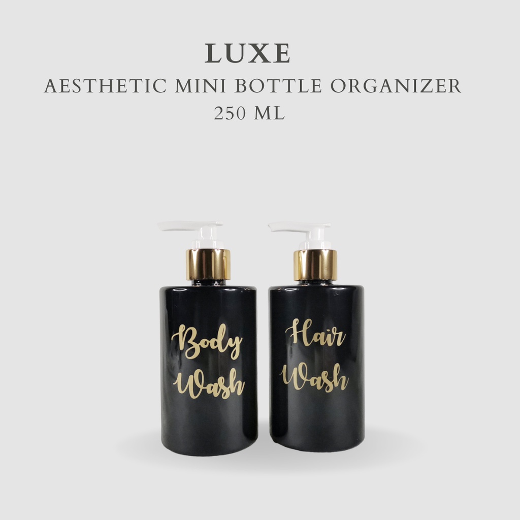 PREMIUM LUXE Botol MINI HITAM Label Gold 250 ml  Aesthetic Bottle Refill | Botol refill sabun /botol refill sabun/ botol isi ulang/botol sabun refill/botol sabun/botol pump/botol anak/bathroom organizer/bathroom amenities