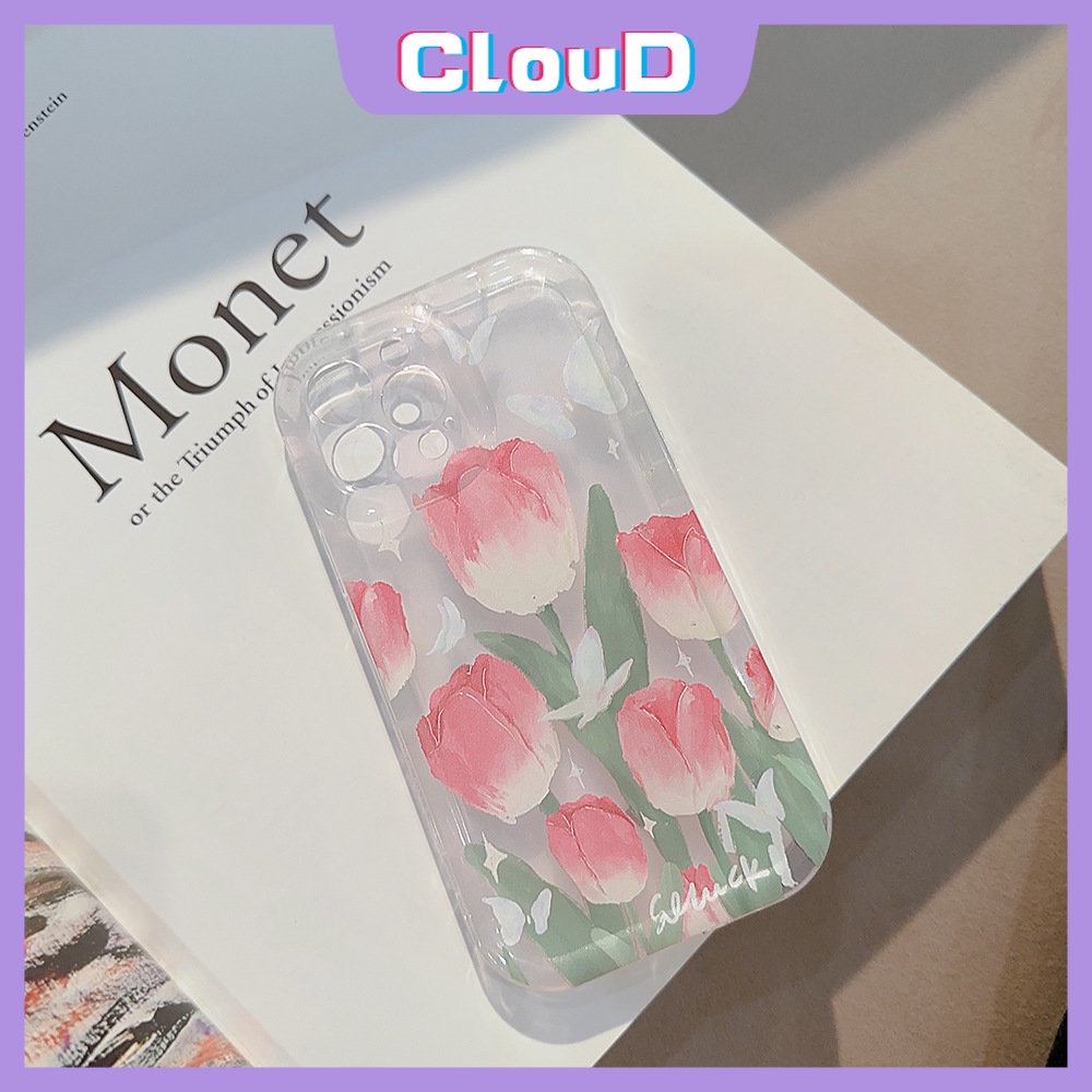 IPHONE Fashion Butterfly Clear Case Kompatibel Untuk Iphone11 7 8 6s 6 Plus XR 14 11 13 12 Pro Max X XS Max SE 2020 Fresh Spring Flowers Tulips Airbag Shockproof Soft TPU Back Cover