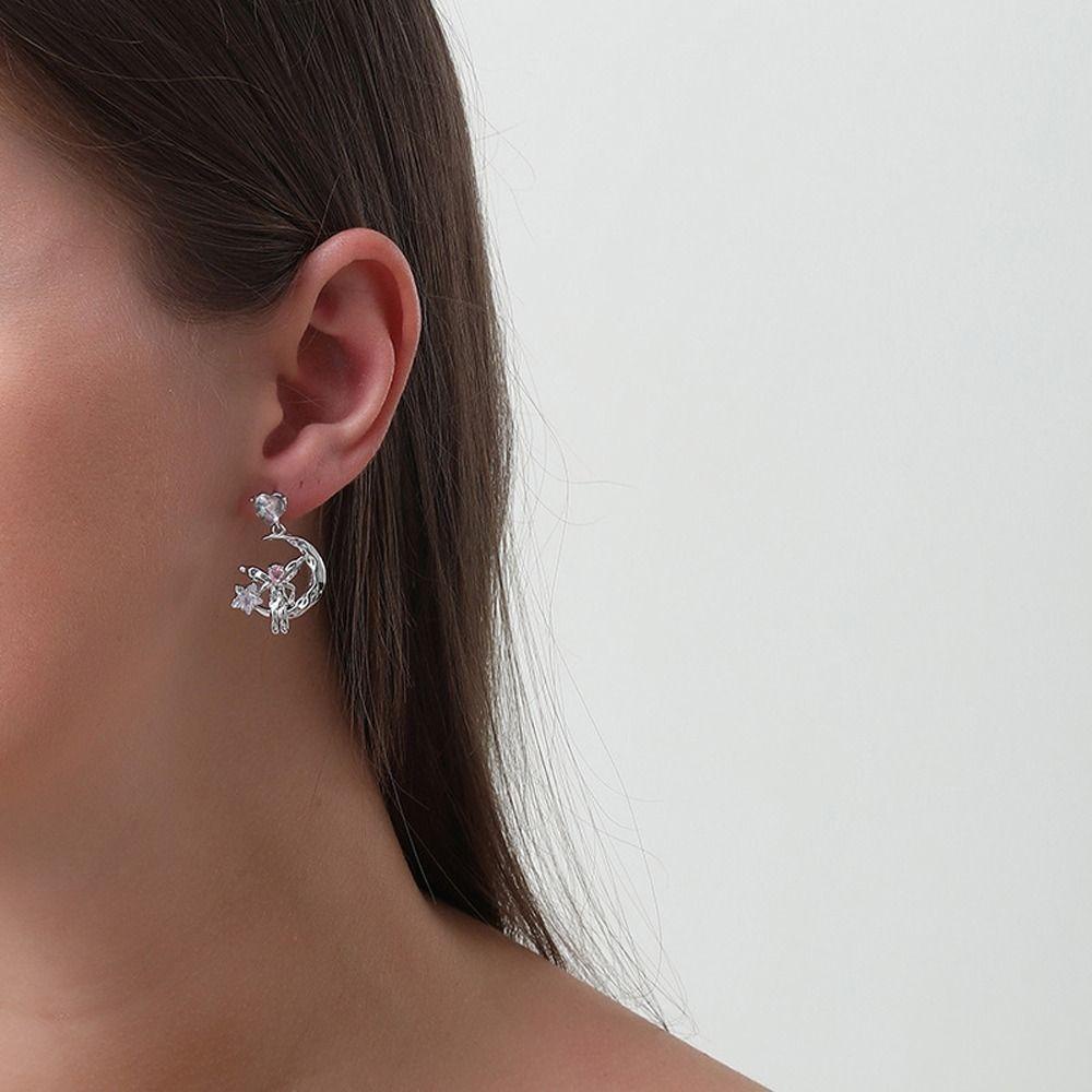Mxbeauty Y2K Wanita Anting Fashion Perhiasan Peri Sederhana Kupu-Kupu Bulan Niche Desain Gadis Hadiah Paduan Zirkon Gaya Korea Menjuntai Anting-Anting