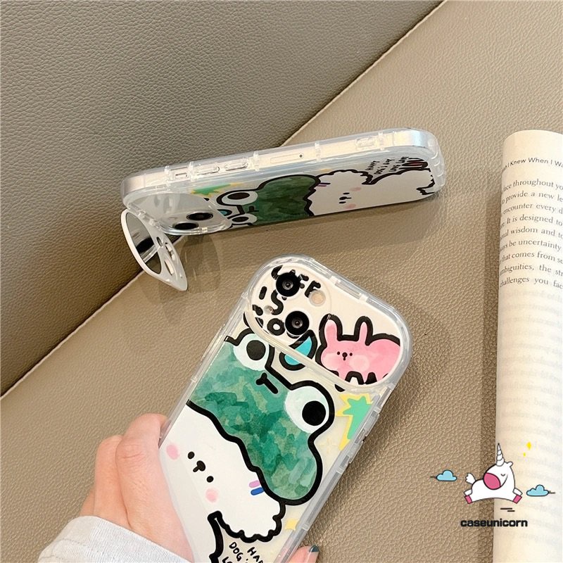 IPHONE Casing Ponsel Cermin Kompatibel Untuk Iphone11 14 13 12 Pro Max7 8 14 Plus XR X XS MAX SE 7plus Kartun Hewan Beruang Lucu Kodok Kelinci Anjing Kreatif Flip Make Up Cermin Lembut TPU Cover