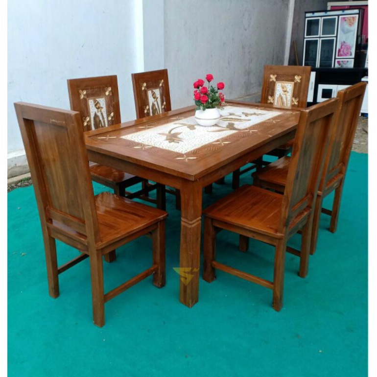 Meja Makan Minimalis kayu Jati+kaca meja Kursi 6 Bunga hanya pemanis saja yaa
