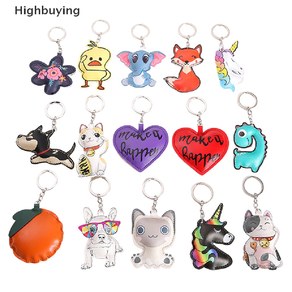 Hbid Kawaii Kartun Gantungan Kunci PU Kulit Lucky Cat Fox Dinosaurus Bulldog Key Chain Bag Pendant Keyring Hadiah Glory