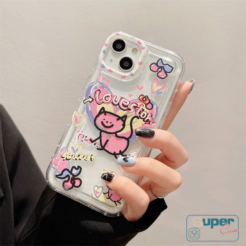 IPHONE Casing Ponsel Kompatibel Untuk Iphone11 7 8 Plus XR X13 12 14 Pro Max 6s 6 Plus XS Max SE 2020 Ins Graffiti Kartun Lucu Cinta Hati Kucing Lembut Silicon TPU Airbag Shockproof Clear Cover