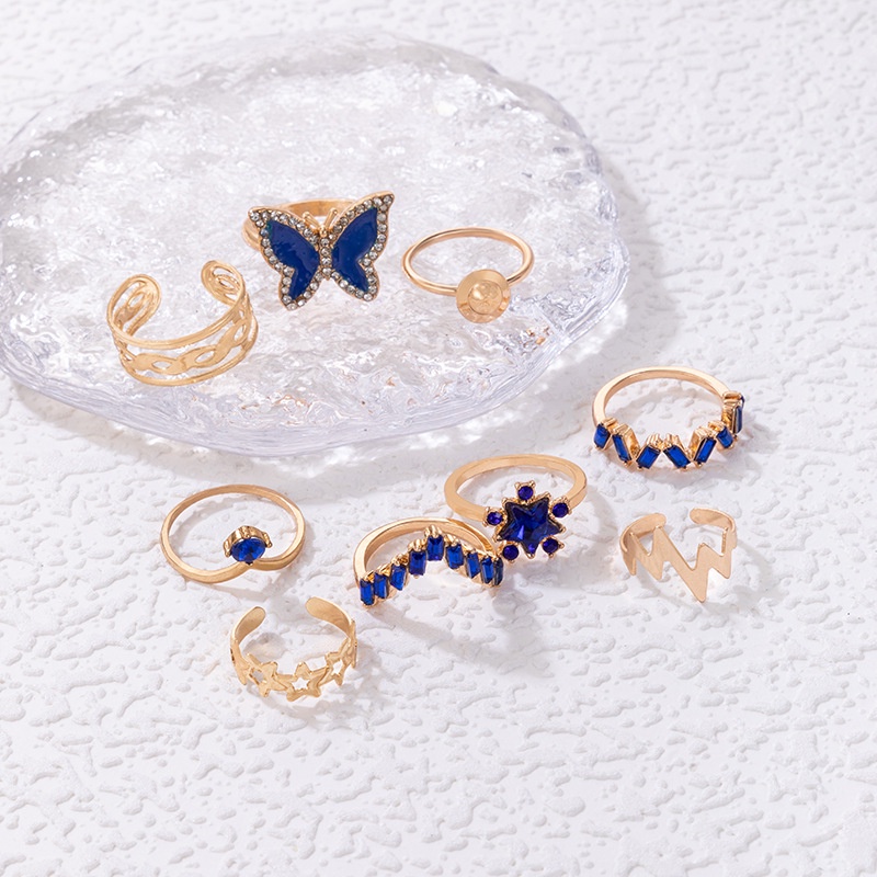 9pcs / set Shining Rhineston-encrusted Blue Butterfly Ring for Women Creative Hollow Star Geometric Rings Party Jewelry