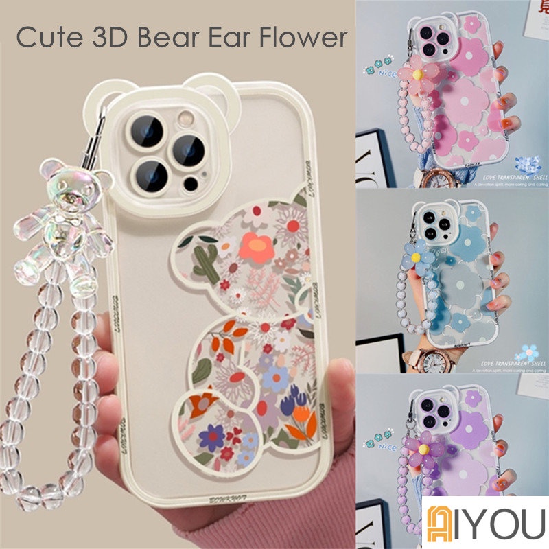 Lucu 3D Telinga Beruang Bunga Gantung Telepon Rantai Bening Soft Case Untuk iphone 14 Pro Max13 12 11 XR XS X7 8 plus SE MiNi Mewah Cover