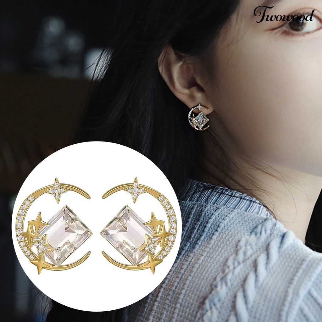 Twowood 1pasang Ear Studs Sparkling Gaya Korea Anti-Oksidasi Friendly Terhadap Kulit Tidak Iritasi Hias Alloy Wanita Bintang Bulan Stud Earrings Perhiasan Decor Untuk Lady