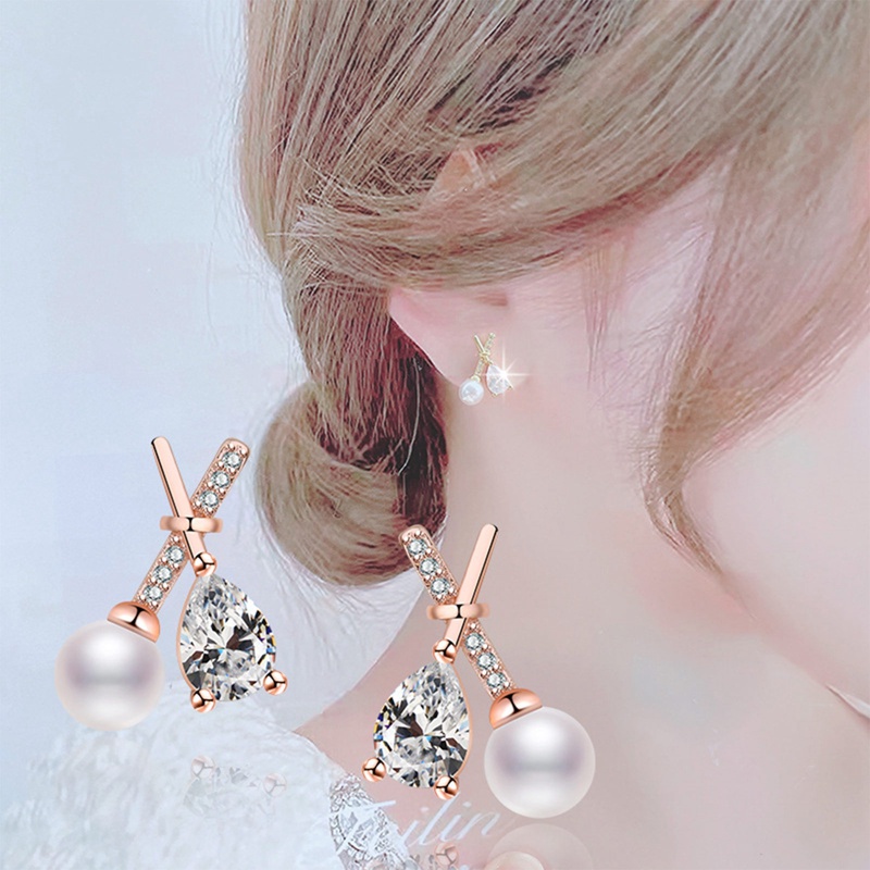 Lady Cross Earrings Natural Opal Pearl Earrings Anting Tunangan Untuk Wanita Aksesoris Perhiasan Putri