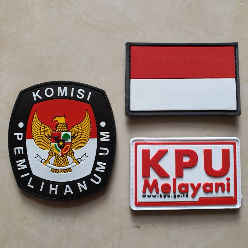 patch rubber satu set logo komisi pemilihan umum + kpu melayani + bendera indonesia / pemilu / tempelan emblem karet velcro