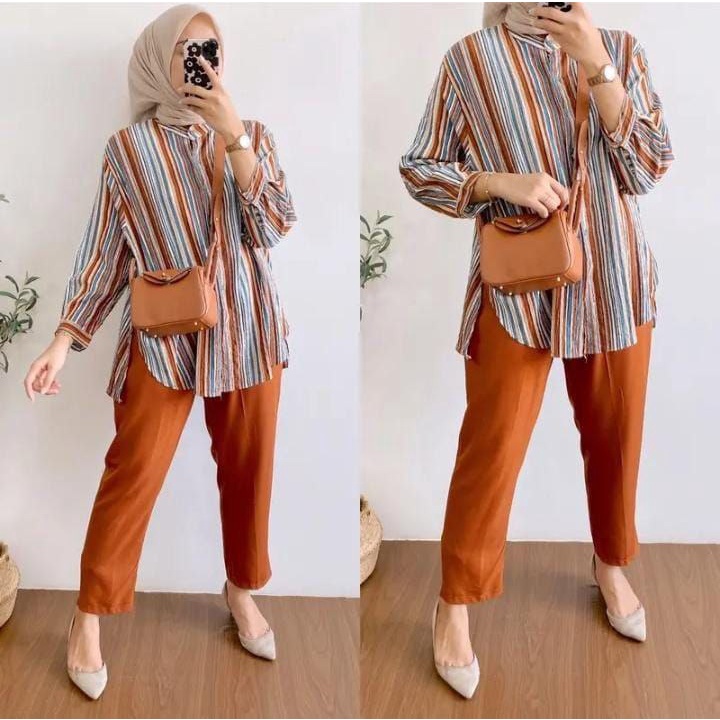 HANNA ONE SET WANITA CRINKLE IMPORT PREMIUM KERAH SYANGHAI FULL KANCING LENGAN KANCING