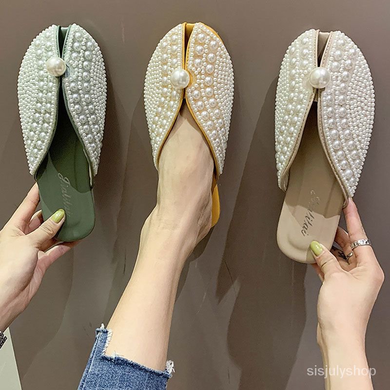 #Sisjuly# Sandal Baotou sandal mutiara sandal bawah datar wanita baru sandal mutiara