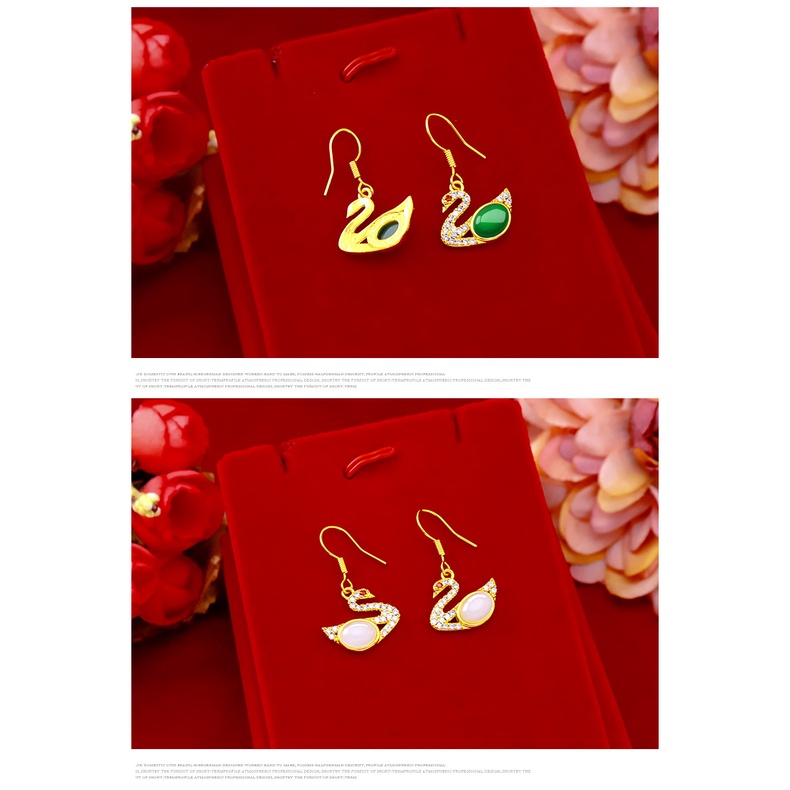 Goldkingdom Perhiasan Fashion Aksesoris Bangkok Emas Asli Kadar 375Ready Stock Lapis Emas Giok Putih Zamrud Dan Berlian Set Anting Swan Untuk Wanita