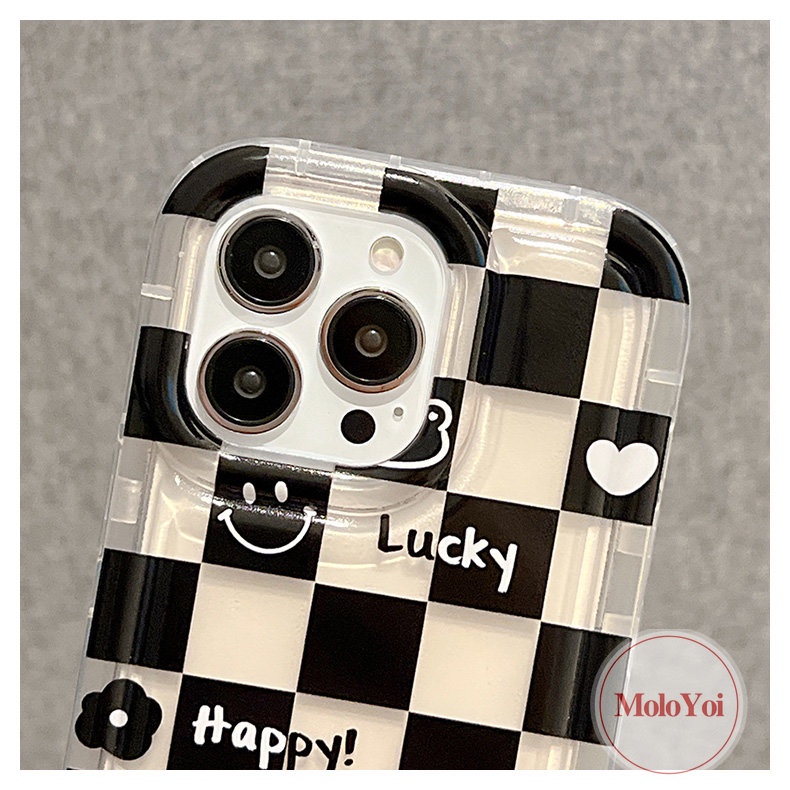 IPHONE Ins Kotak-Kotak Pasangan Case Kompatibel Untuk Iphone14 13 12 Pro Max11 7 8 Plus XR 6 6S Plus X XS MAX Beruang Lucu Cinta Hati Flowers Happy Lucky Smiley Shockproof Airbag Soft Cover