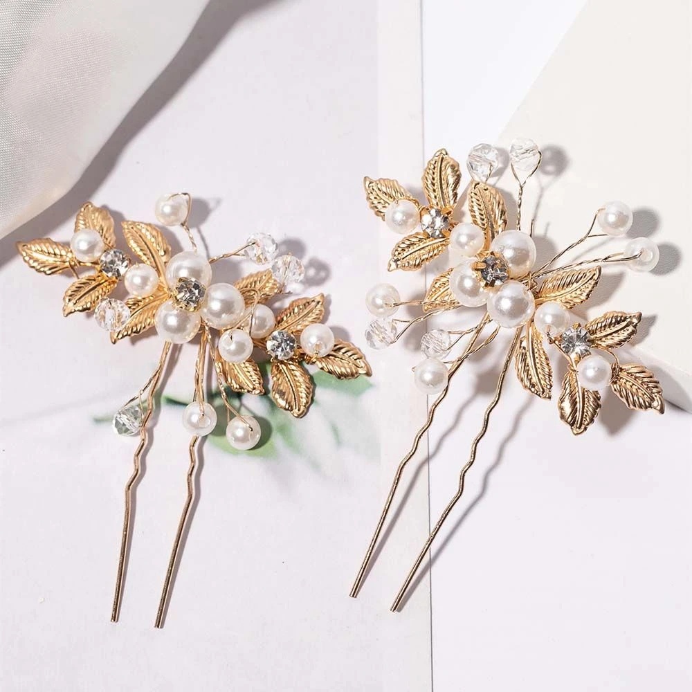 [HOT Sale] Pengantin Berlian Imitasi Mutiara Daun Sederhana Aksesoris Rambut Elegan Hiasan Kepala Rambut Stik Ponytail Holder Hair Clip Sisir Rambut Hair Pin U-shaped Pin Korean INS Style