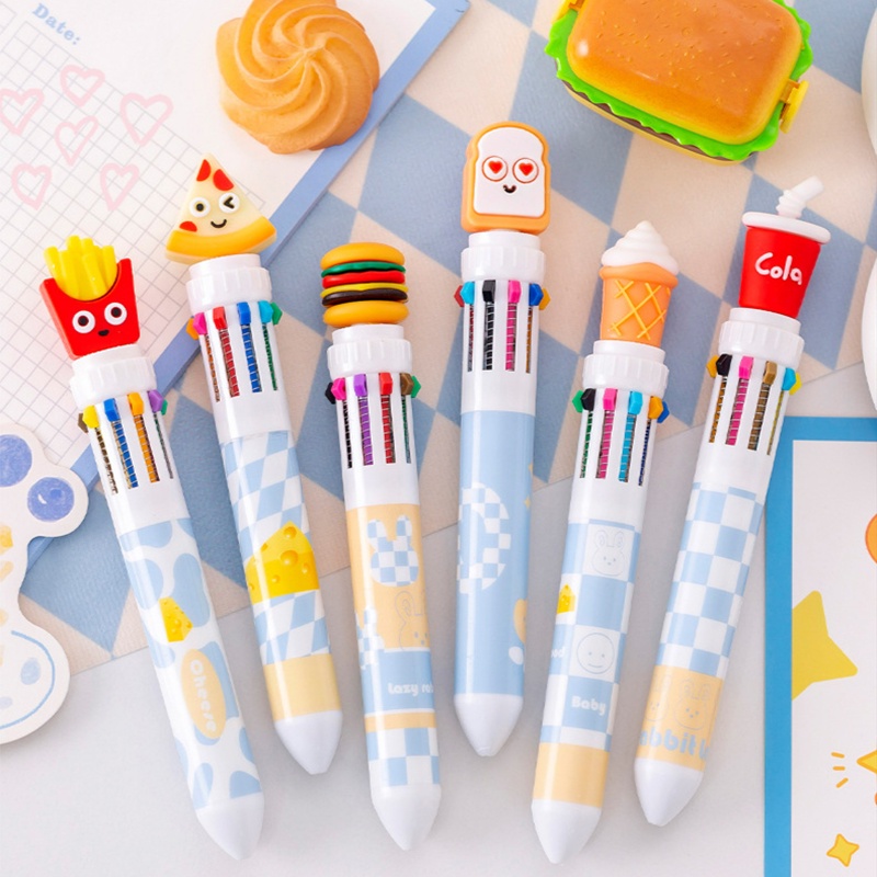 Sepuluh Warna Pulpen Ballpoint Kartun Fast Food Lucu/Pulpen Tulisan Kepala Stereoskopik Silikon Kreatif