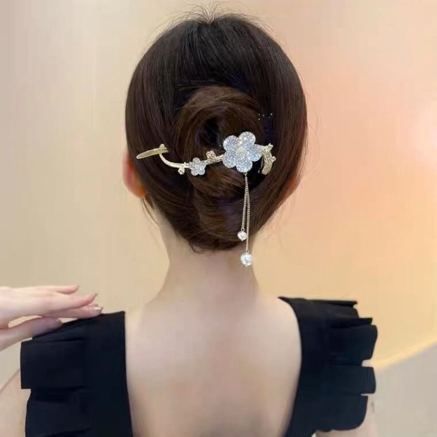 Korea Berlian Imitasi Mutiara Rumbai Rambut Klip Bunga Kristal Logam Jepit Rambut Twist Clip Woman Hair Accessories