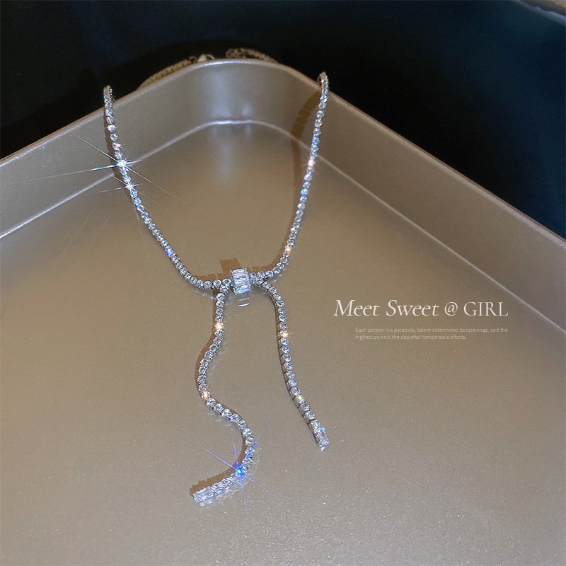 IFYOU Temperamen Zirkon Busur Kalung Untuk Wanita Kristal Perak Rantai Choker Perhiasan Aksesoris