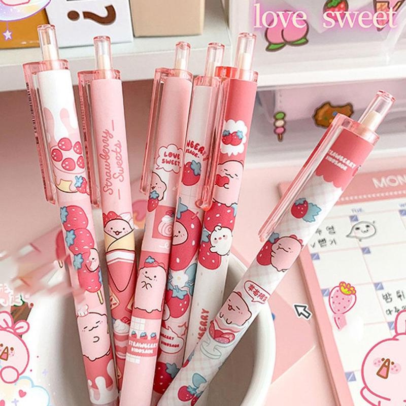 [Gaya Random] Kawaii Strawberry Dinosaurus Press Gel Pen 0.5mm Tinta Hitam Bolpoin Siswa Menulis Tanda Tangan Pena Sekolah Perlengkapan Alat Tulis Kantor