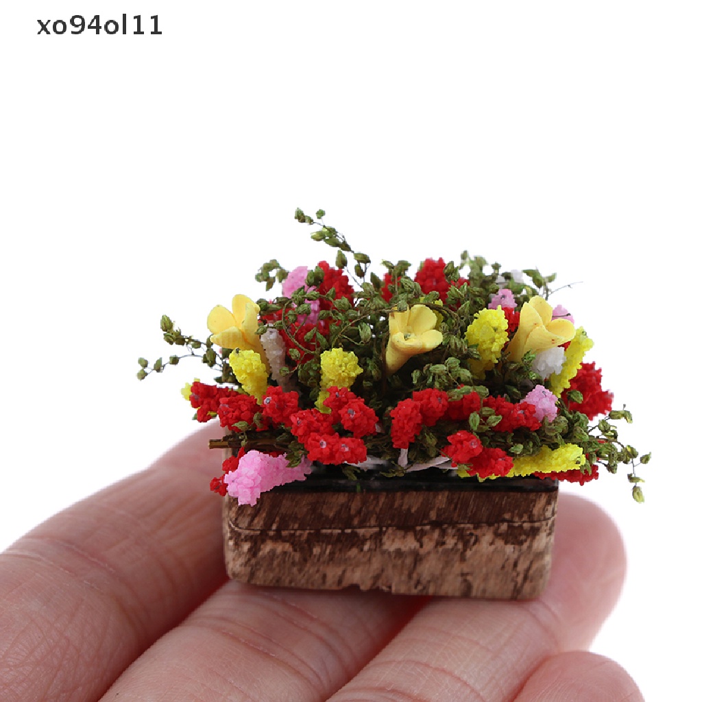 Xo 1per12rumah Boneka Miniatur multicolor Bunga bush Dengan pot OL