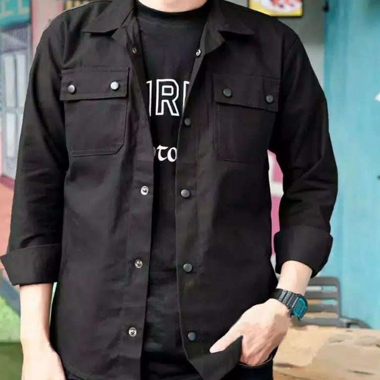 READY Jaket Semi Parka Canvas Kancing Hitam Premium-Jaket Pria