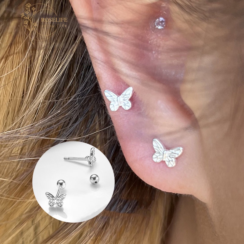 Roselife S925 Perak Double-head Round Ball Butterfly Stud Earrings Untuk Wanita Perempuan Anti Alergi Chic Tindik Tulang Rawan Sekrup Anting Telinga Tulang Perhiasan 1pasang