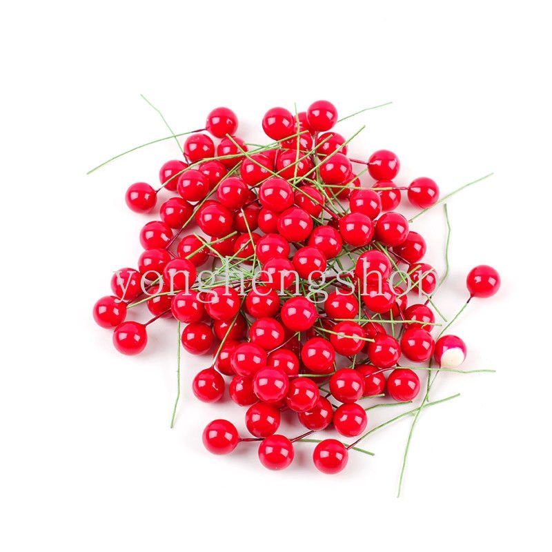 100 Pcs / lot Stamen Sari Buah Berry Merah Mutiara Buatan Ukuran 12mm Untuk Dekorasi Natal