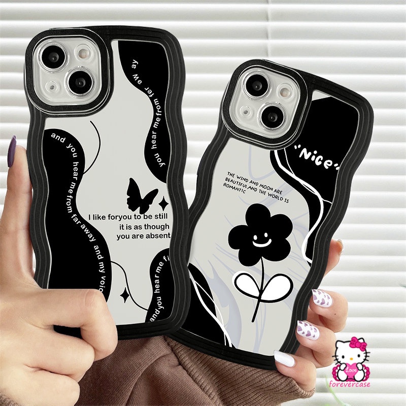IPHONE Casing Retro Kupu-Kupu Kompatibel Untuk Iphone11 12 13 14 Pro Max7 6s 8 6 Plus XR X XS Max SE 2020 Shockproof Soft Tpu Wavy Edge Vintage Black Flower Back Cover