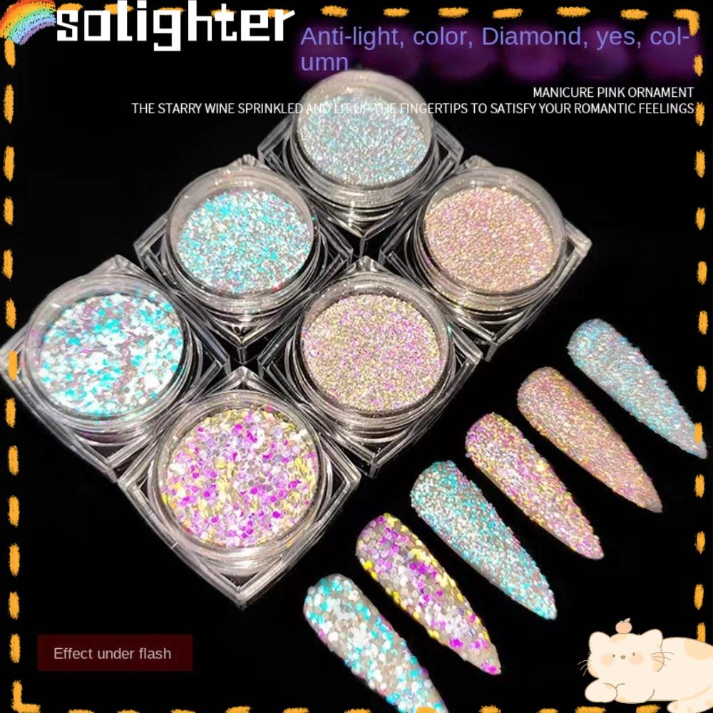 Solighter 6pcs/Set Nail Glitter Pesona Baru Shiny Sandy Nail Art Flakes