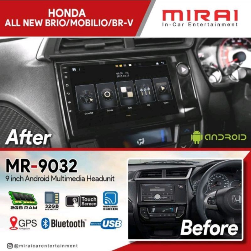 Headunit Mirai 9032VC Honda Brio Mobilio Brv PNP