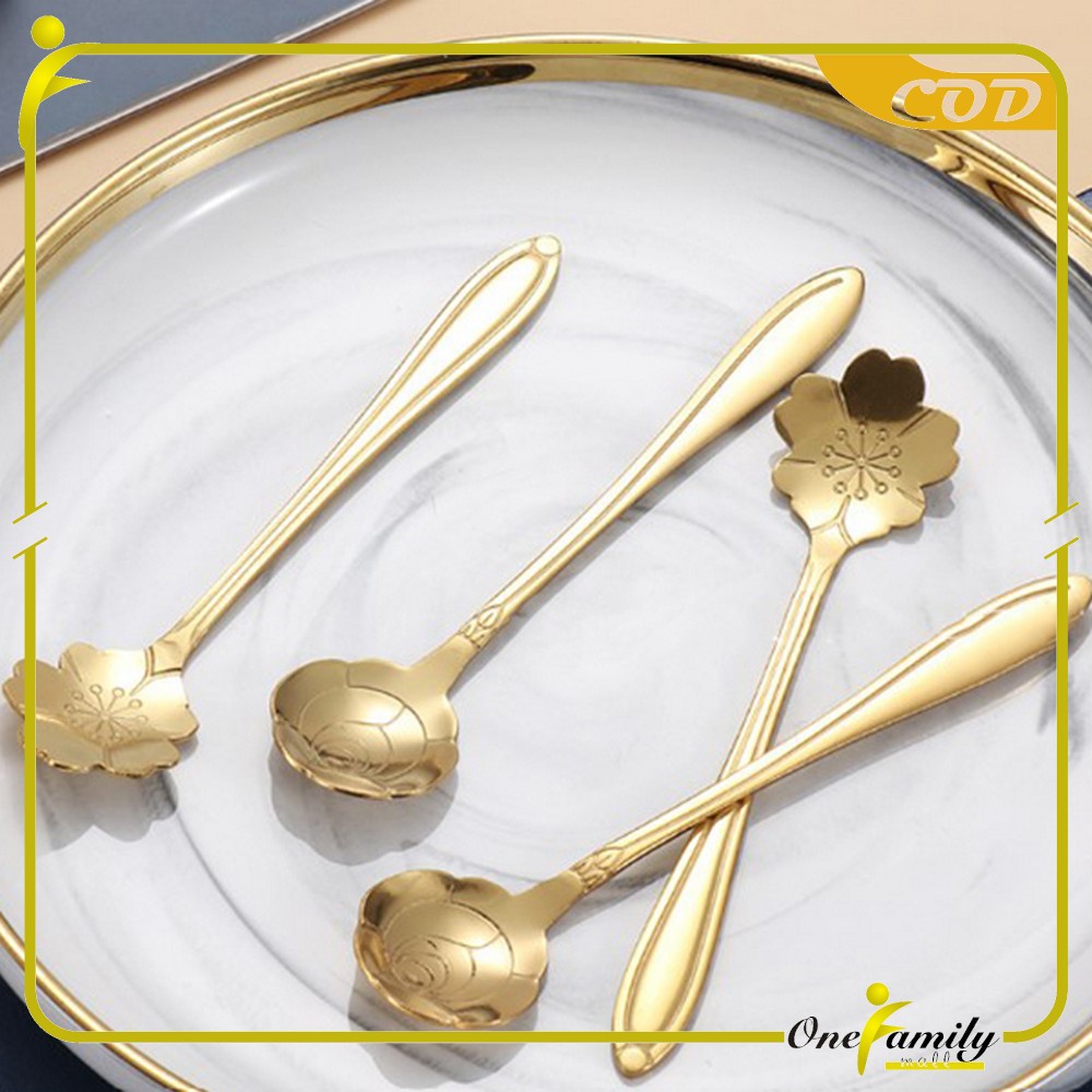 ONE-C766 Sendok Korea Teh Kopi Kecil Stainless Steel Motif Love Elegant Warna Gold / Sendok Bunga Emas Spoon Dessert Import