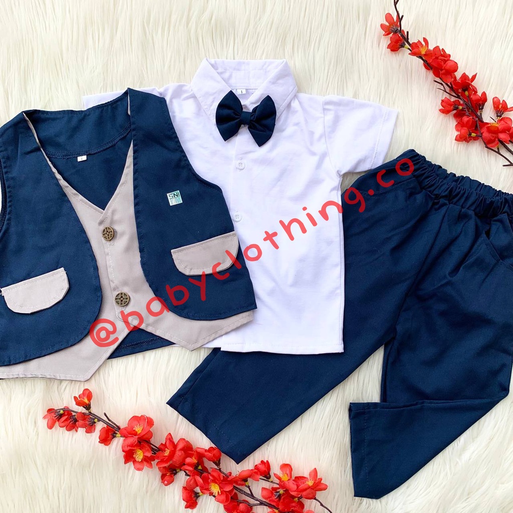 Baju setelan kemeja rompi celana pergi jalan kekinian fashion anak laki-laki cowok murah -sam