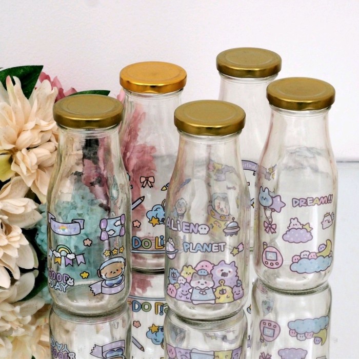 Botol Minum KACA TEBAL 300ML Lucu MOTIF KARAKTER Tutup Stainless Bagus