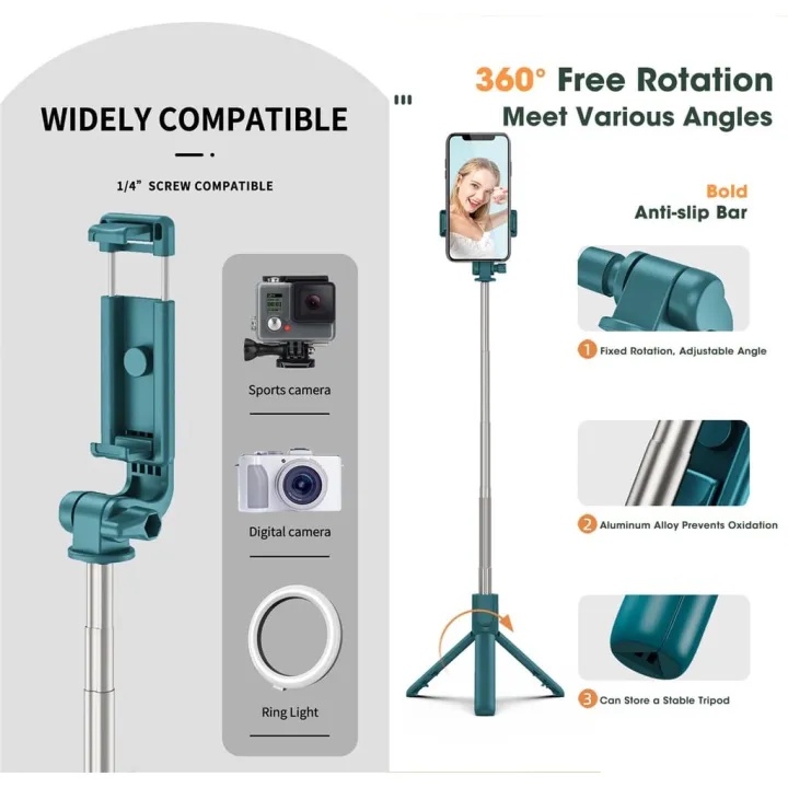 Tongsis Bluetooth NON LED R1 2in1 Remote Selfie Stick Tripod 360
