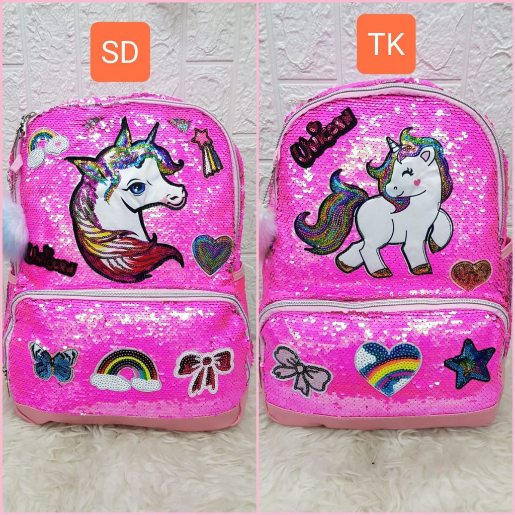 Tas Sekolah Ransel Anak TK dan SD Motif Sequin Unicorn Tas Gendong Anak Sekolah Backpack Anak Perempuan Import